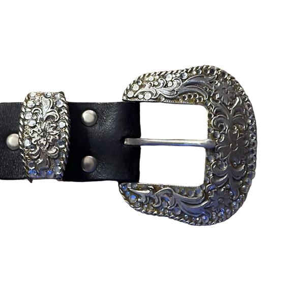 Nocona Bling Rhinestone Western Belt Size XL Leather Silver Black Glam - Picture 2 of 7